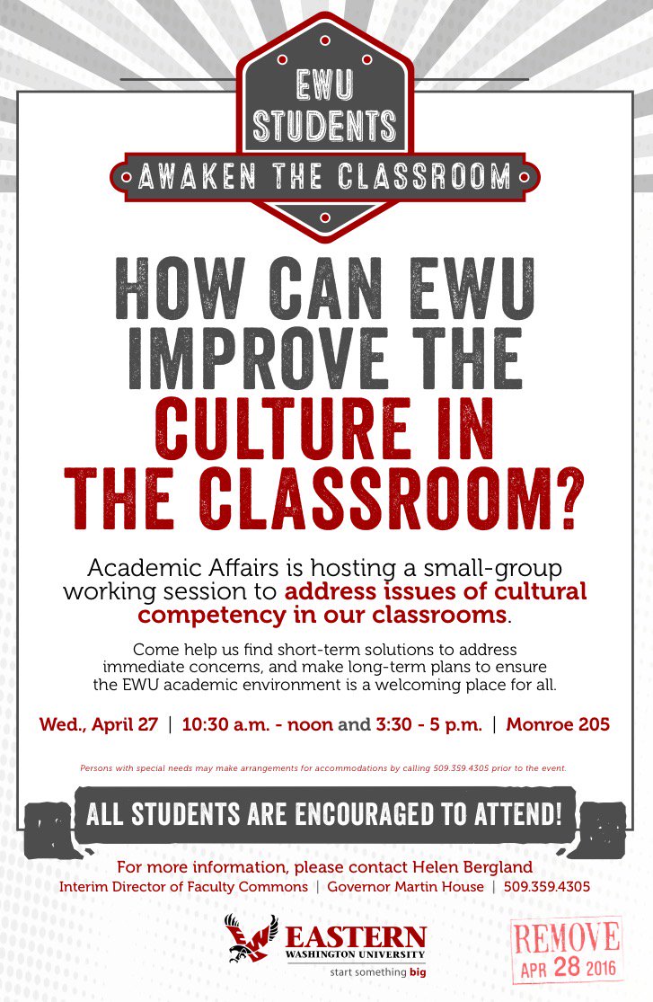 ASEWUeags's tweet photo. How can EWU improve the culture in the classroom? Tell us April 27th! https://t.co/tFUfWB2n1H