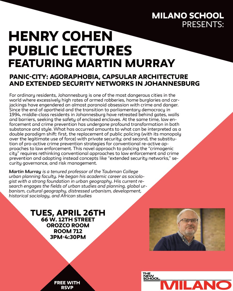 Tomorrow, Martin Murray will discuss Panic-City: Agoraphobia, Capsular Architecture & more! #HenryCohenLectureSeries