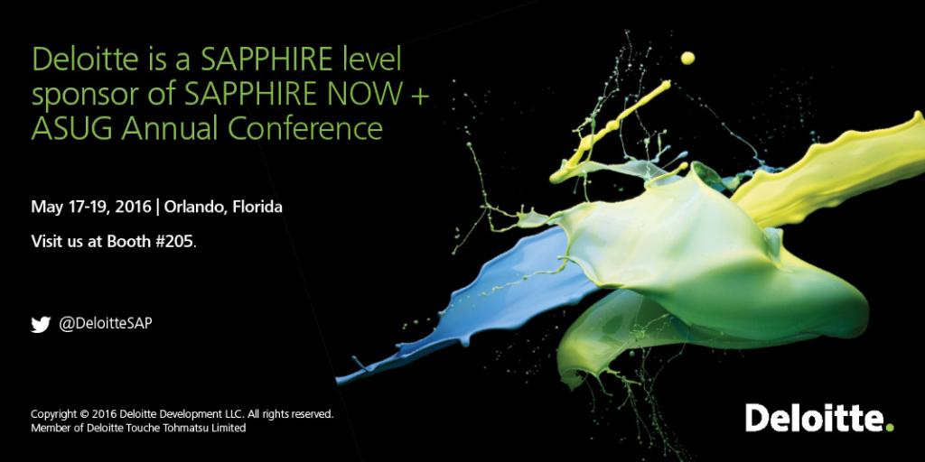 Deloitte's tweet photo. Transforming your business requires insights. @DeloitteSAP shares them at Booth 205. #SAPPHIRENOW and#ASUG2016 https://t.co/PUsh0A1kW3