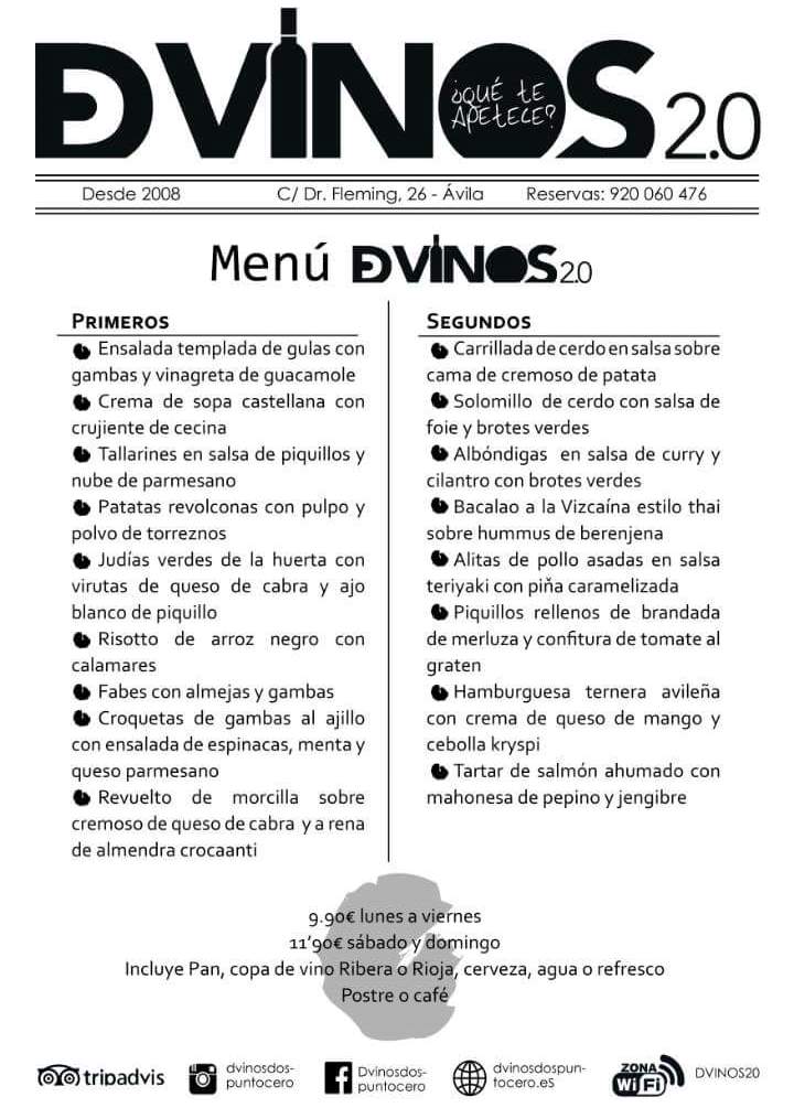 Si esta semana te toca comer fuera o estás de visita no lo dudes, disfruta de los menús de DVINOS 2.0 por sólo 9,90€