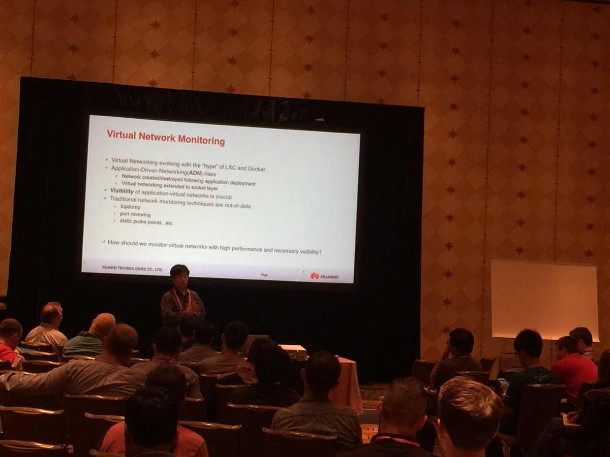 IOVisor's tweet photo. Huawei on Virtual network monitoring with #IOVisor using #eBPF, #kprobe, dynamic tracing #OpenStack summit https://t.co/pAyFS99BZx