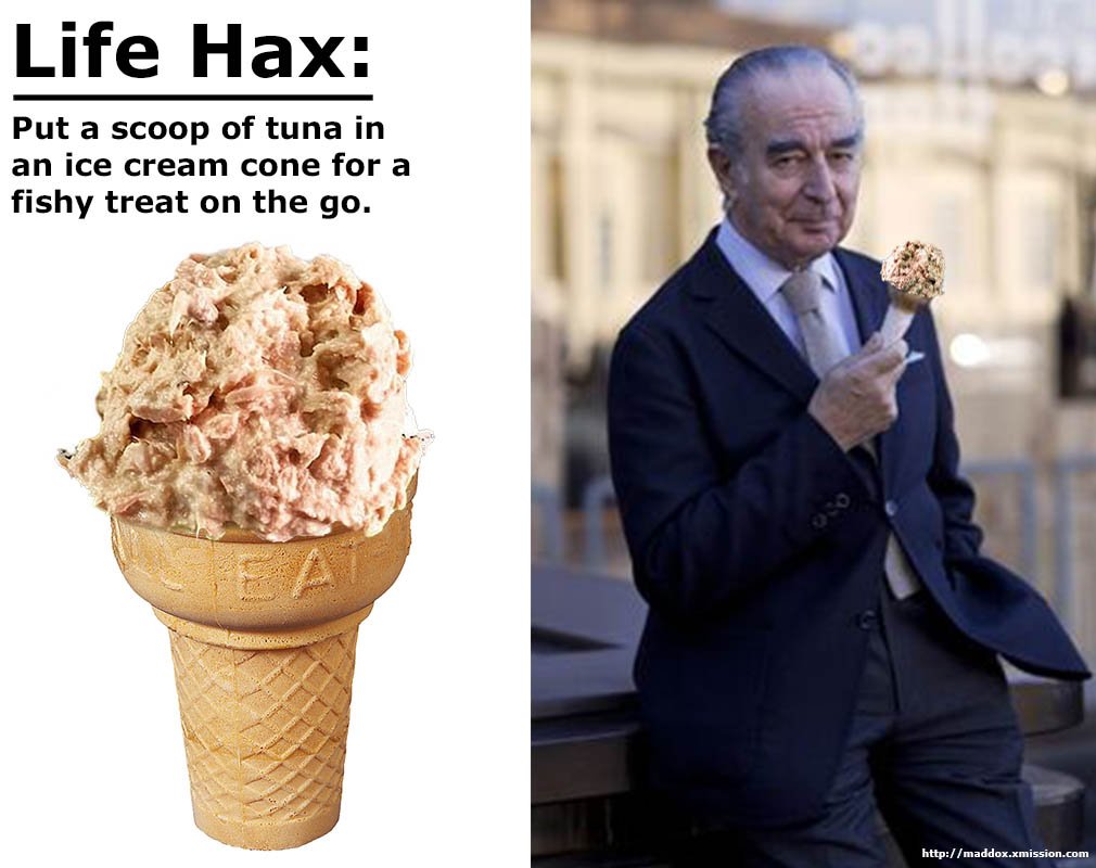 realmaddox's tweet image. LifeHax: put a scoop of tuna in an ice cream cone for a fishy treat on the go. #lifehacks #lifehax