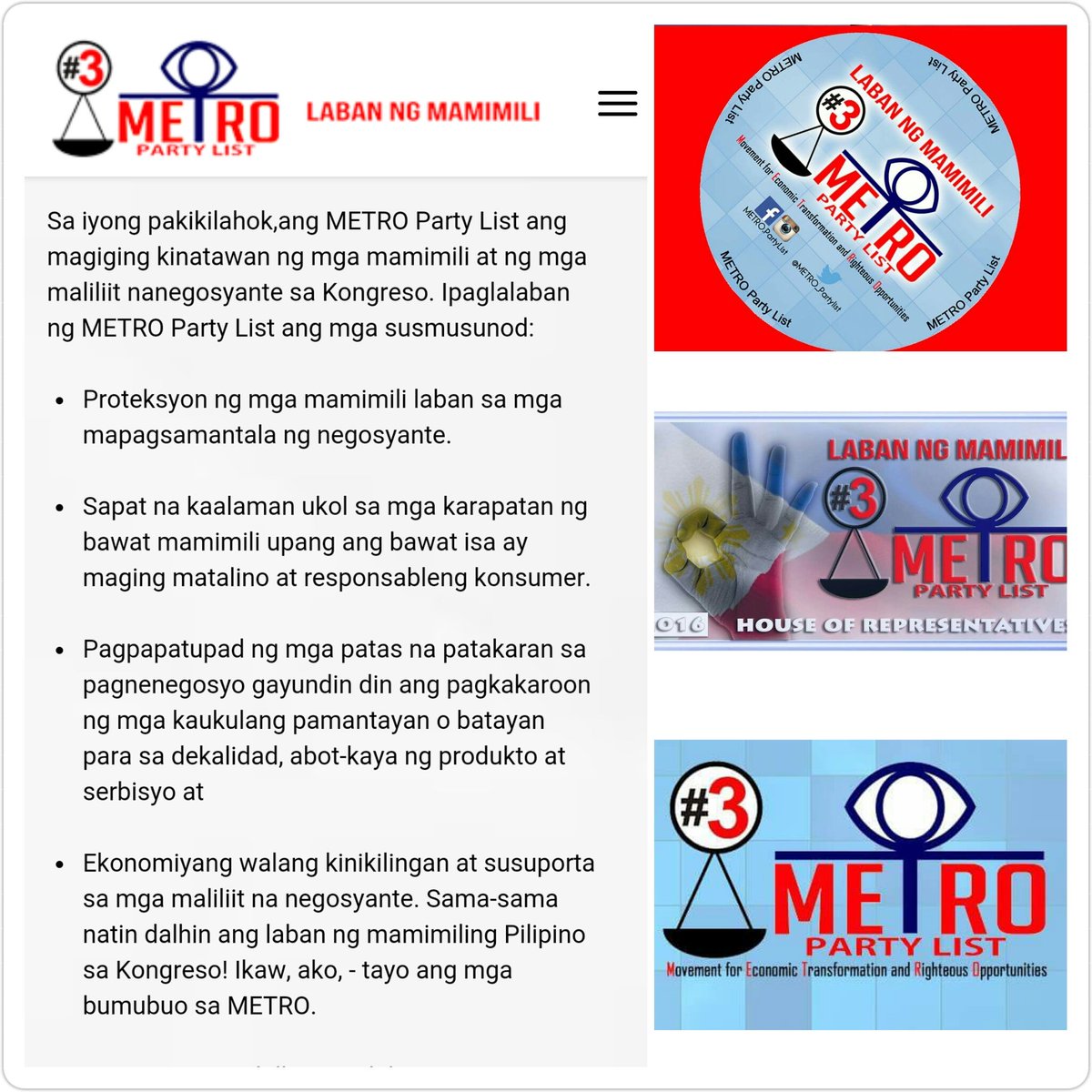METRO_PartyList's tweet photo. Binuo ang METRO Party List para isulong ang laban ng mamimiling Pilipino. #METROPartylist #Halalan2016 #Election2016 https://t.co/W6ghD3hYk1