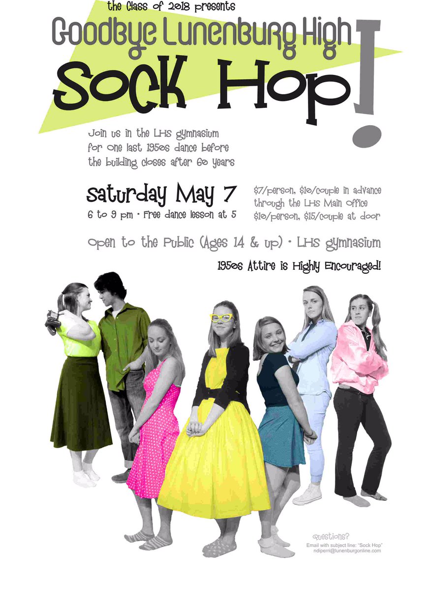 lbgclassof18's tweet photo. Goodbye Lunenburg High Sock Hop, May 7th, 6-9! Be ready for a night filled with fun and dancing 😉👗 https://t.co/sOsA2OZiEA