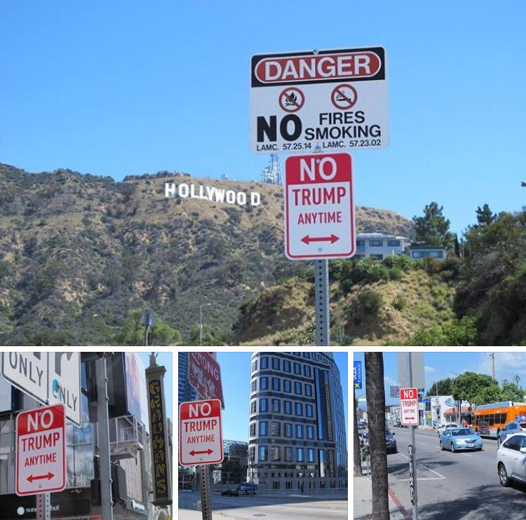 Araksya's tweet image. Installation-street artist:Plastic Jesus "No Trump Anytime”signs near Chinese Theatre,Melrose/Wilshire in Hollywood.