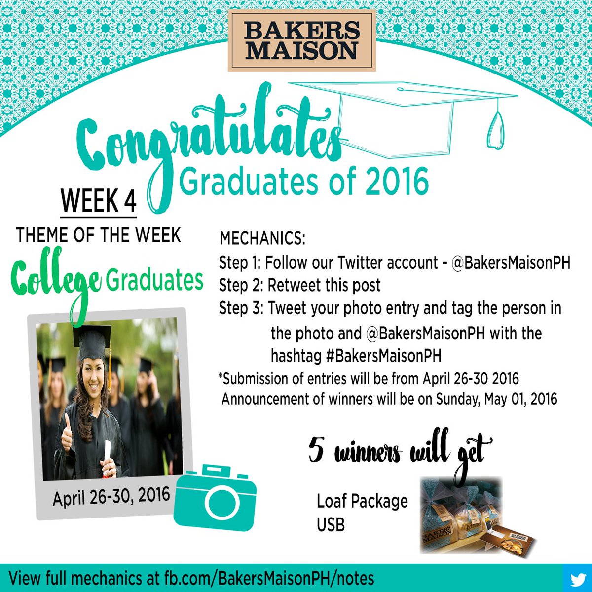 Week 4 of Graduation Photo Contest is up! :)
Join and get a chance to win Bakers Maison Loaf Package and USB!