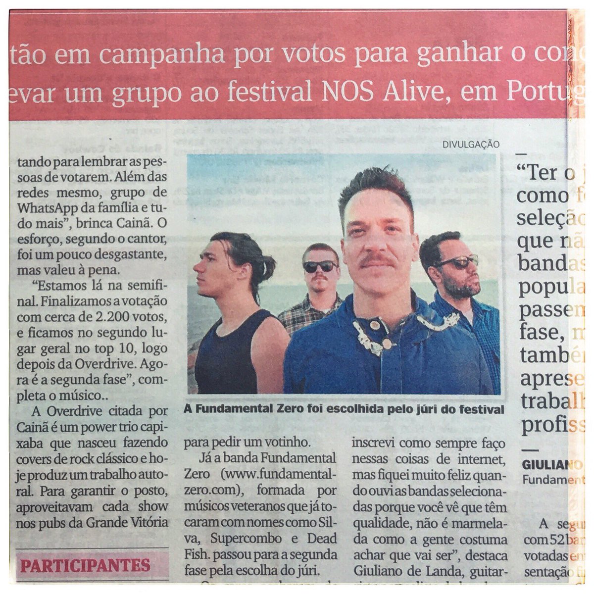 FundamentalZero's tweet photo. Hoje rolou Fundamental Zero na capa do Caderno2 do jornal A Gazeta do ES falando sobre o #edplivebandsbrasil https://t.co/9DRMwuFQ6o