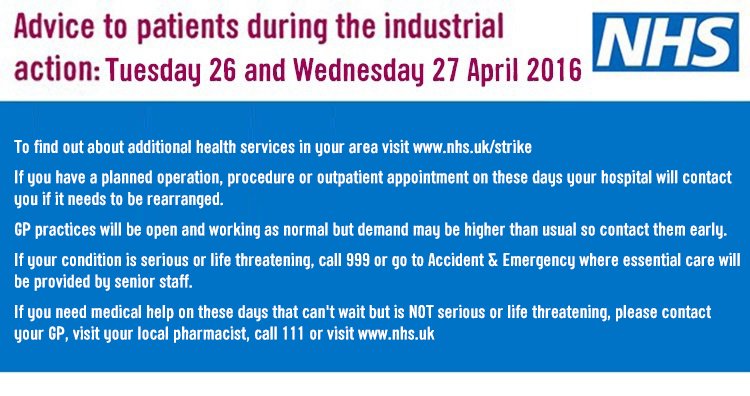 NHSEngland's tweet photo. #NHS industrial strike action update. For further information, visit https://t.co/nLLsJZdYrd @NHSChoices #GP #NHS111 https://t.co/B4uGNADk2q