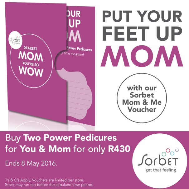 SorbetGroup's tweet photo. This Mother’s Day it’s all about quality time with Mom. Get 2 x power pedicures for only R430 (save R100)#MothersDay https://t.co/JLijyC07wD
