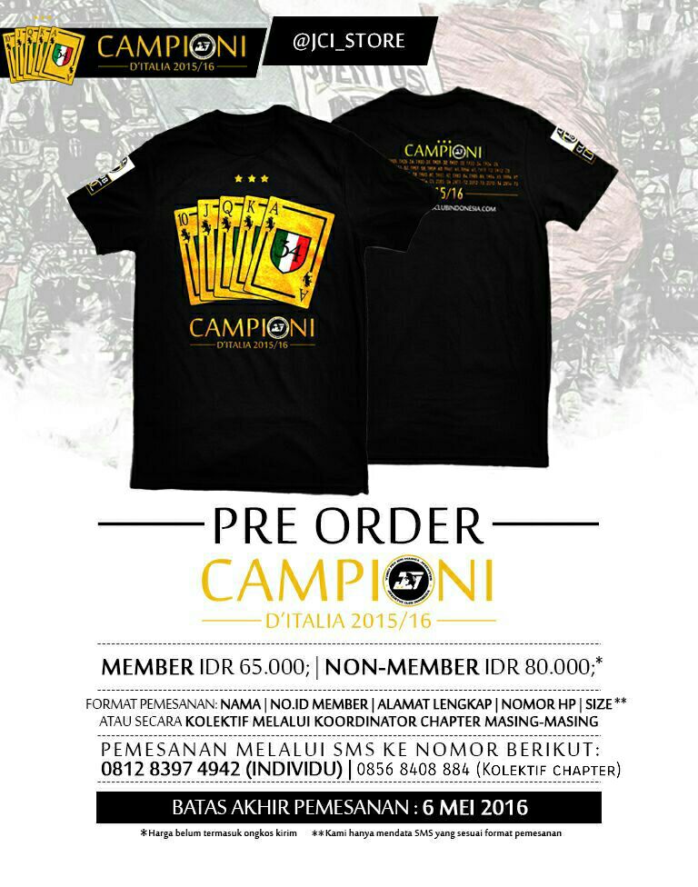 JCI_store's tweet photo. PRE ORDER Tees Scudetto, pemesanan sampai tgl 6 Mei 2016. keterangan lengkap ada di picture.. @JCIndonesia https://t.co/I19nmyKPoF
