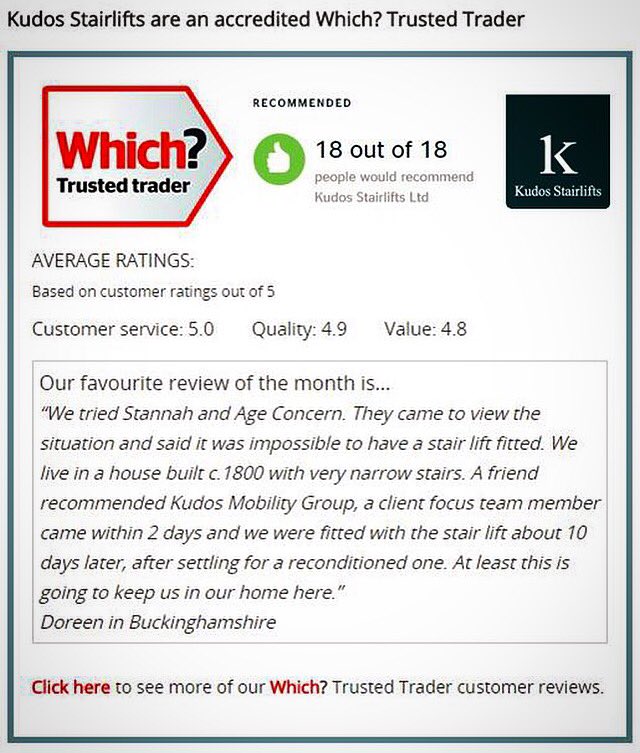 KudosStairlifts's tweet photo. Latest #ReviewOfTheMonth is on our website along with our other @WhichTraders reviews!
#review #feedback #KudosWay https://t.co/pQECTCZkon