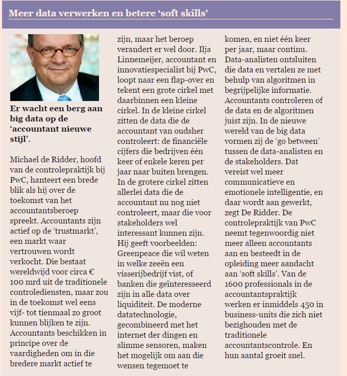 PwC_Nederland's tweet photo. #PwC'er Michael de Ridder in het @FD_Nieuws: 'Er wacht een berg aan big data op de ‘accountant nieuwe stijl’'. https://t.co/WPfC98pQDE