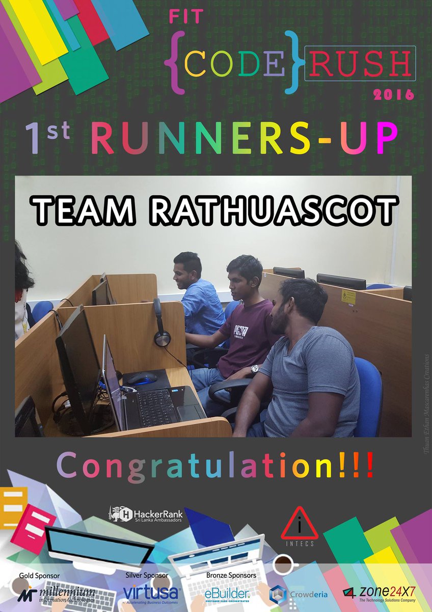 intecsfit's tweet photo. 1st Runners-Up @ FIT Code Rush 2k16
Team RathuAscot from Batch 12
Congratulations Ishara, Thisun &amp; Ishara https://t.co/b5u4dn8lvE