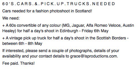 60s convertibles & pick-up trucks needed for fashion shoot in #Scotland. Between 6-8 May. Details below. @Filmcars