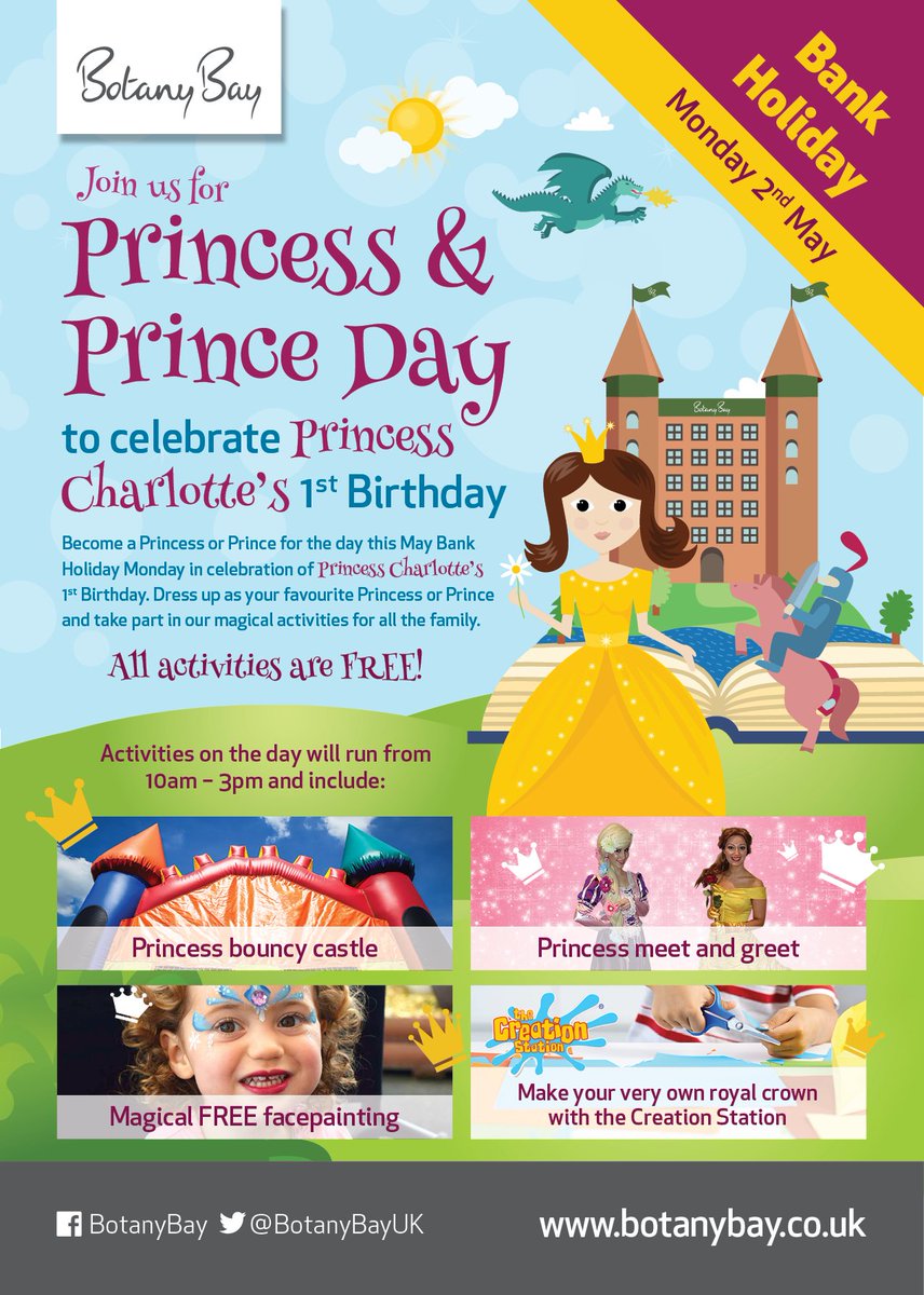 BotanyBayUK's tweet photo. Become a Princess or Prince for the day this Bank Holiday Monday &amp; take part in our FREE magical activities! https://t.co/FDXR5ECIss