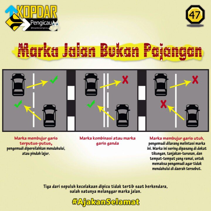 Yuk?! Kita pahami marka garis lurus &amp; garis putus-putus. Marka jalan bukanlah pajangan semata :)  #AjakanSelamat