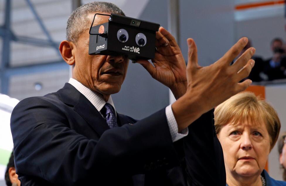 vrmonkeys's tweet image. Obama and Merkel in one photo, with virtual Reality. Life goals.