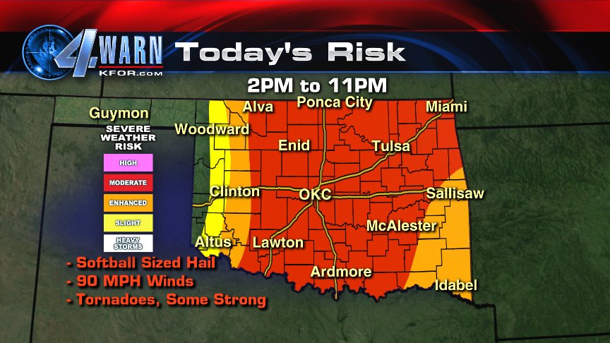 emilyrsutton's tweet image. Severe storms are likely this afternoon. Giant hail, 90 mph winds &amp;amp; tornadoes are possible. Stay weather aware! 6AM