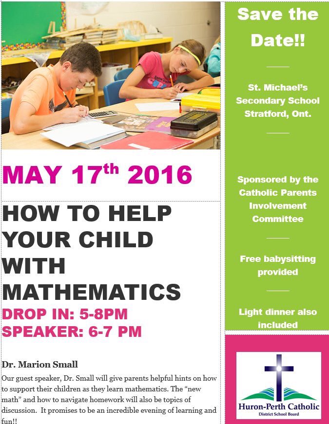 DBoersen's tweet image. If you have a child in our system, aged 3 to 18, you are invited to our Parent Math night May 17 at St. Michael.