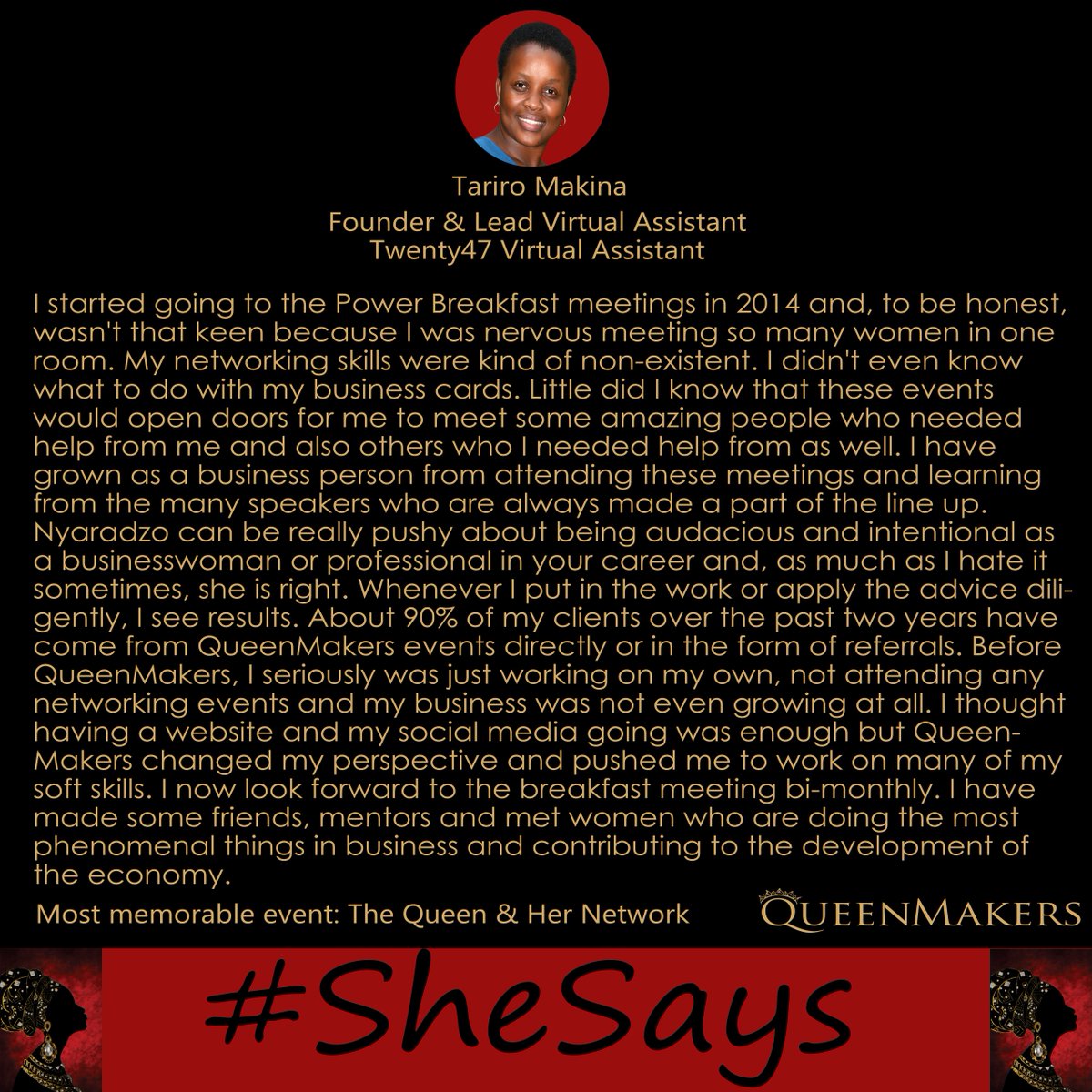 QueenMakersZim's tweet photo. #TBT #SheSays "Networking is no longer foreign to me" - Tariro Makina @Twenty47VA #QMPowerBreakfast @queenmakers https://t.co/QeZfamsI4n