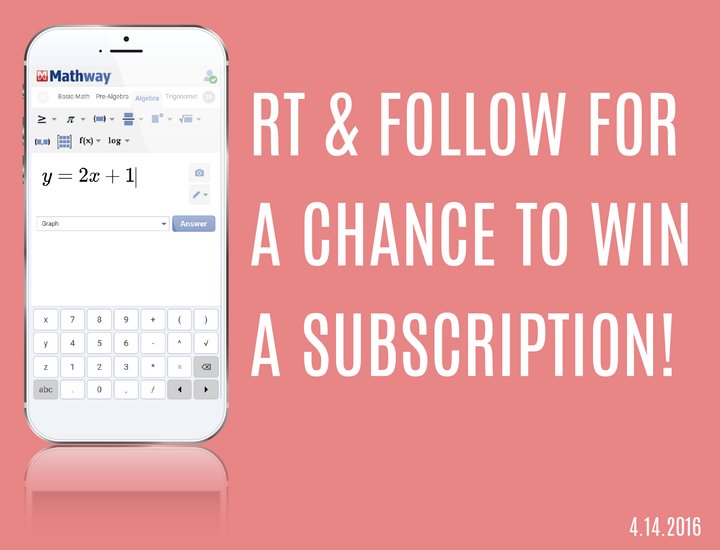 Need help in #math? Enter to #win an annual subscription to #Mathway! Winner selected 4/15.
#MathAwareness #giveaway