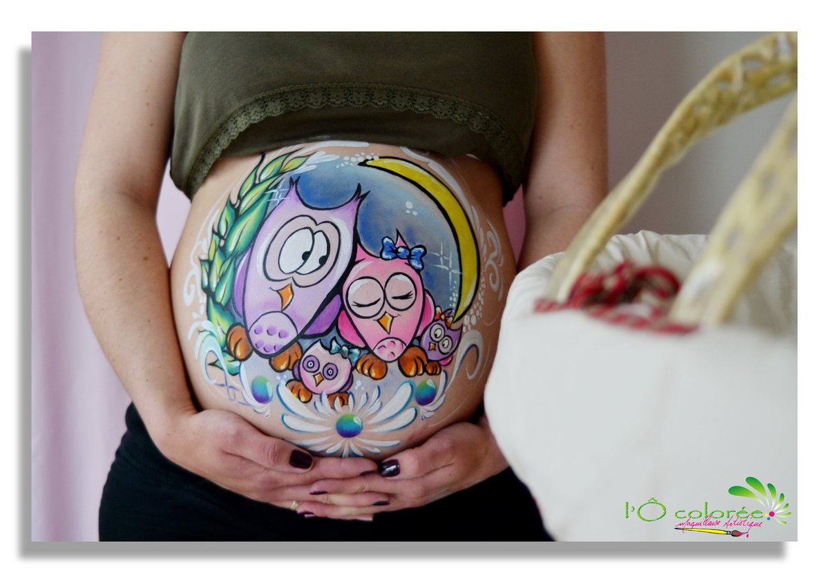 Locoloree's tweet photo. dernier #bellypainting sur le thème du #hibou , un #maquillage tout doux et coloré ! https://t.co/pHdXLJYbbi