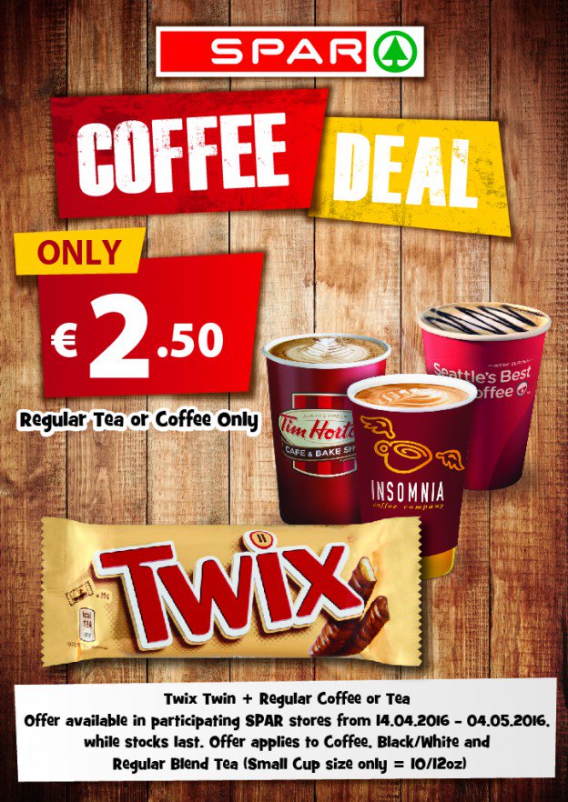 sharkeysspar's tweet photo. Fancy a treat with your Coffee? Twix &amp; any Regular Tea/Coffee for only €2.50 @SPARIreland https://t.co/lvQxGmL5qk