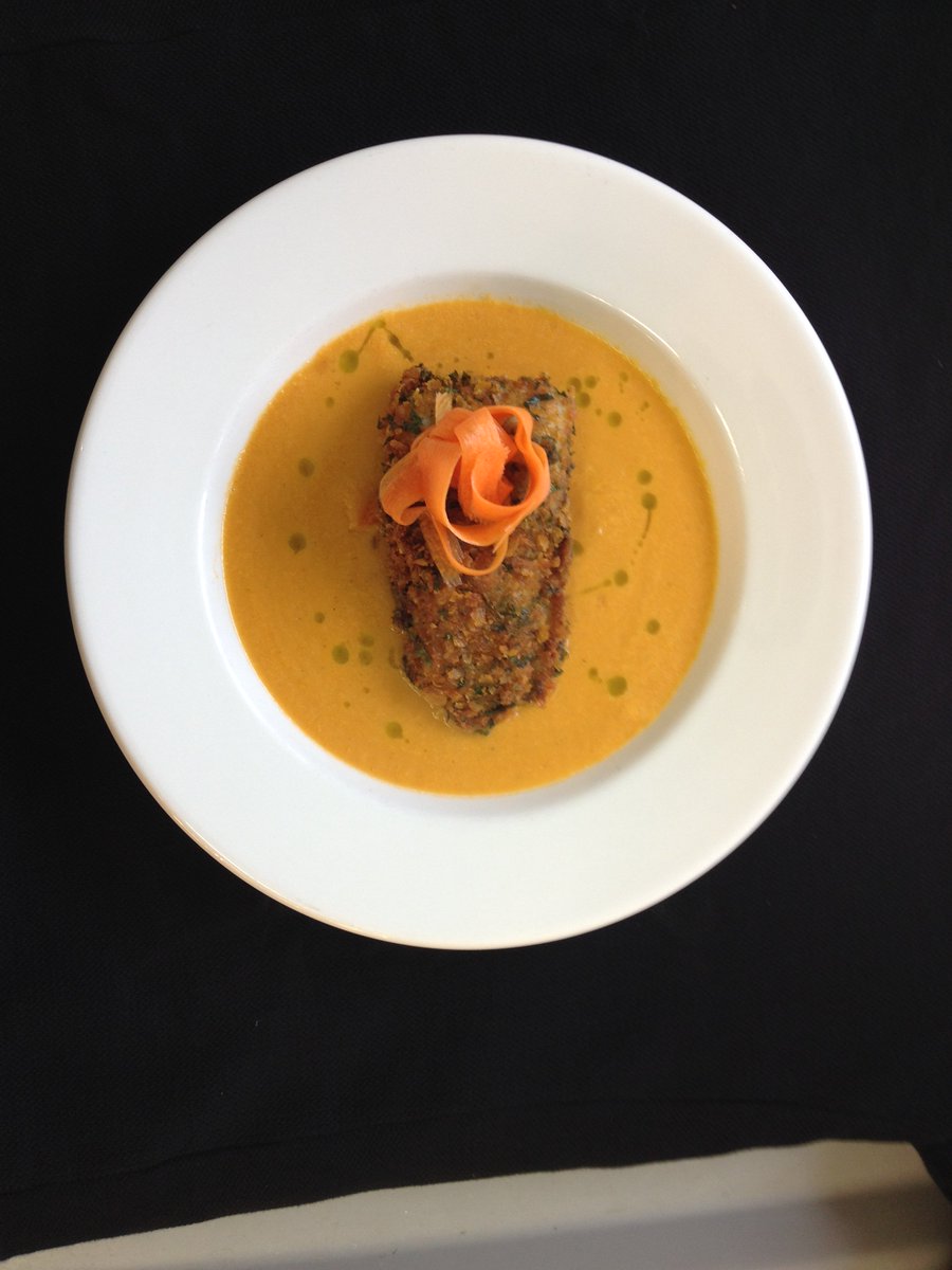 Bevyworth's tweet photo. Fish Soup with crispy fried Pollack and pickled carrots,todays fish special in the Sail Loft, St Michael's Mount. https://t.co/MH8GYXyVJ5