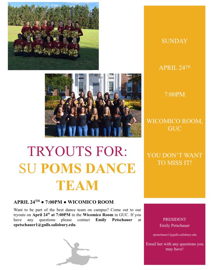 Come and tryout for next years SU Poms Dance Team!! Next Sunday April 24 from 7-11pm in the Wicomico Room in GUC