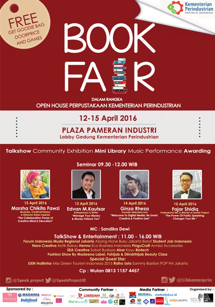 Yuk datang ke BOOK FAIR Kementerian Perindustrian, 12-15 April 2016
09.30-15.30 FREE! @libkemenperin <a href="/SpeakProjectID/">Public Speaking ID</a>