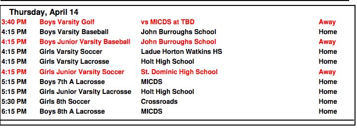 WCAsports's tweet photo. 4/14 Events - Var BB vs @JBSAthletics , JV BB at JBS, @wcaGirlsSoccer vs Ladue, @wcalax vs Holt, Golf vs MICDS..... https://t.co/EJsXsduOsF