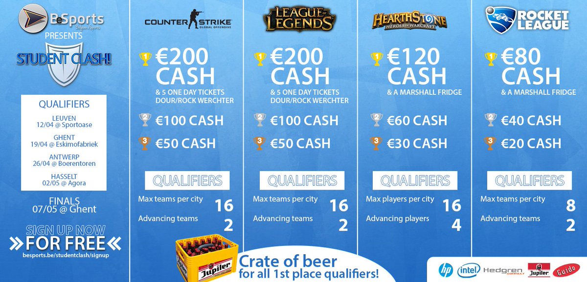 Want to play a free Student Lan Party at Ghent with over €4000 in prizes? 
Sign up here: besports.be/studentclash/s…!