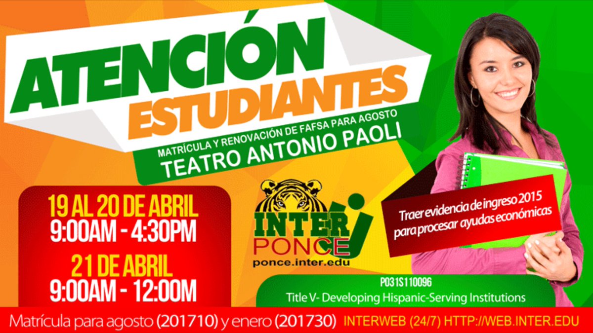 Vmattei's tweet photo. Estudias en @InterPonce ? Hora de matricularte #YoSoyLaInter @interpuertorico @ceinterponce @InterECOS https://t.co/AnU33NThyM