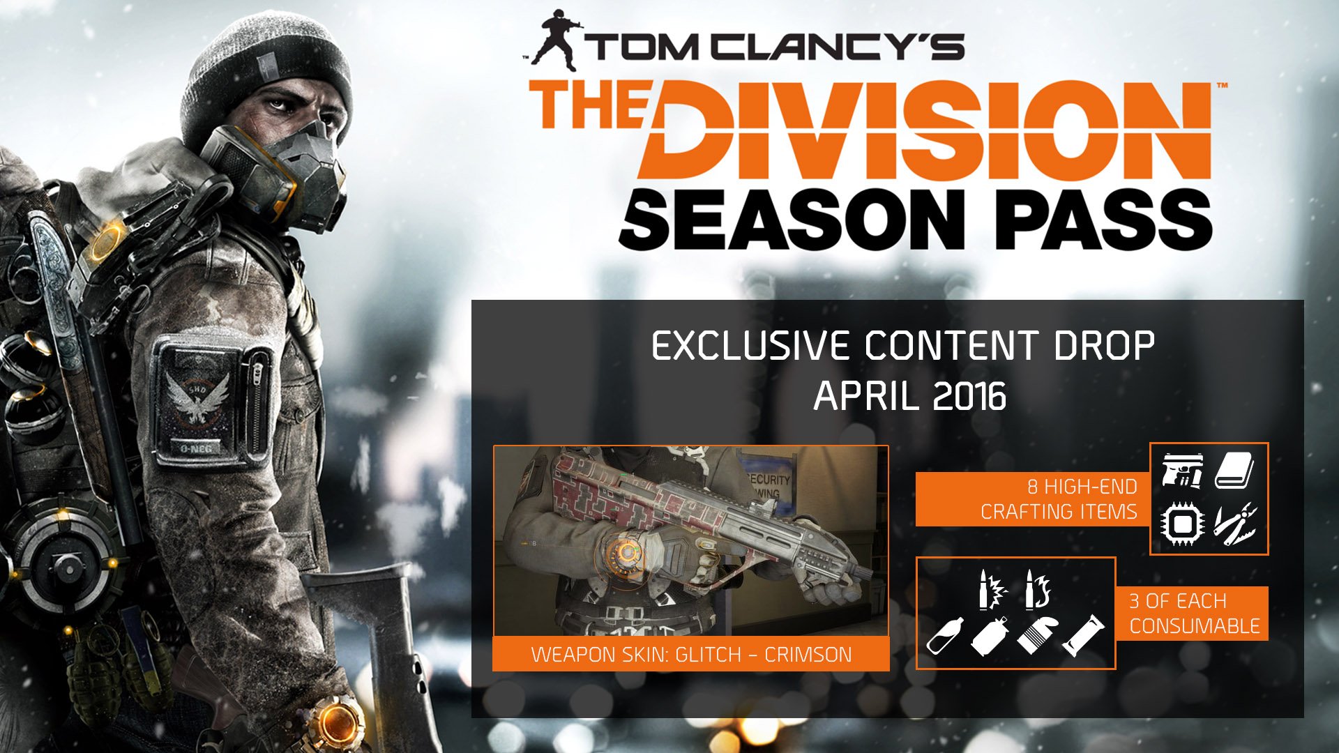 Bemærk scene grå Tom Clancy's The Division on Twitter: "The first Season Pass Exclusive  Content Drop has been delivered to all Season Pass owners!  https://t.co/H2ODJPWGLL" / Twitter