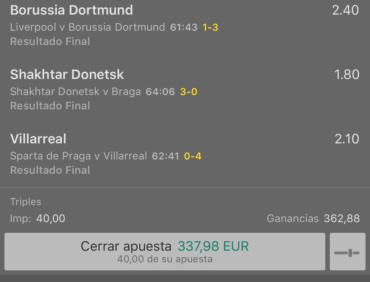 McTipster's tweet photo. Increíble como se ha dejado empatar, suerte que cerré la apuesta con 1-3 y me llevé 337,98€ invirtiendo 40€!!! https://t.co/UmZQQBf9EV