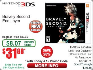 Wario64's tweet image. Bravely Second will be $31.88 at Fry's tomorrow, after promo code bit.ly/1Qhin0h