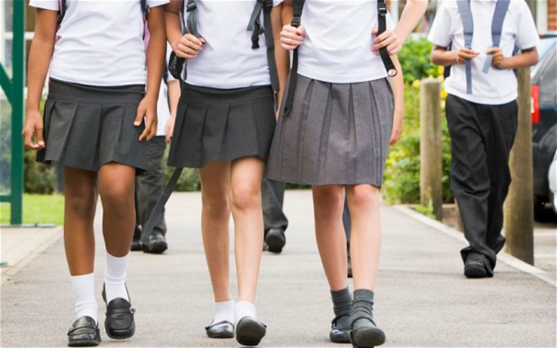 Tugging gay schoolgirl miniskirt