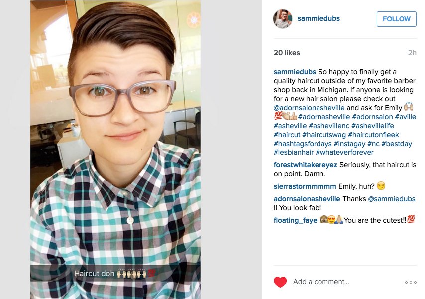 AdornSalon's tweet photo. Such a sweet #Instagram shout-out from @Sammiedubs on her new fab cut from our stylist, Emily! #avl #adorn #fly https://t.co/nEvul5v1mo