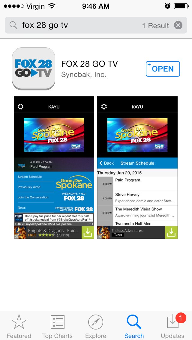 Fox28_Spokane's tweet image. On the go! You can still watch #GoodDaySpokane &amp;amp; #FoxFirstAtTen news on the FOX28GOTV app!
