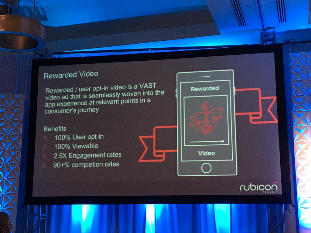 MMAglobal's tweet photo. Rewarded video provides high engagement and completion rates @RubiconProject @TheTradeDeskInc @AerServ #MMAF2016 https://t.co/oYgDZJpmT9