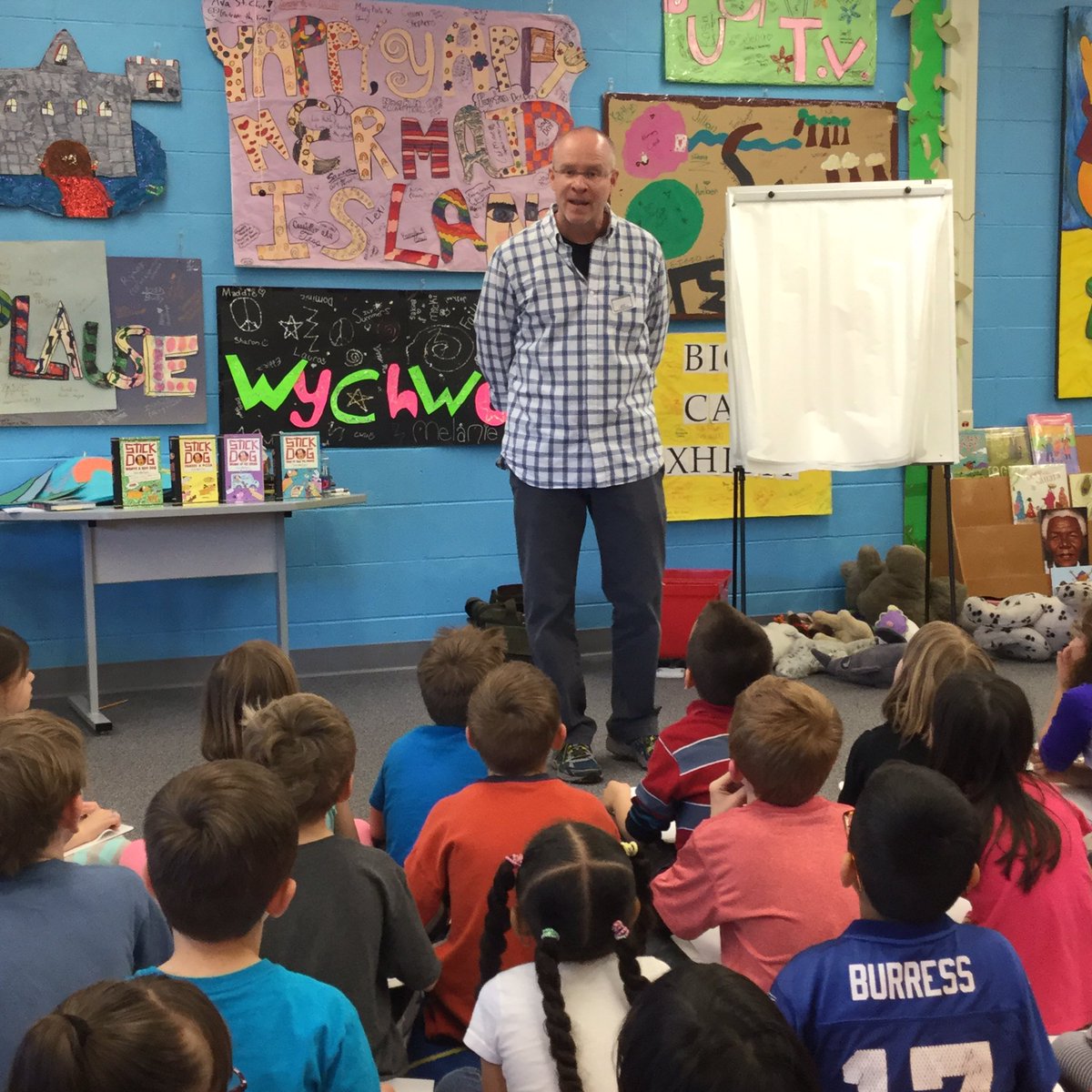 MrsZhp's tweet photo. The author of the Stick Dog series was here to visit our class! We drew characters from his books. 😄 #dg58learns https://t.co/tRlkvQqE7C
