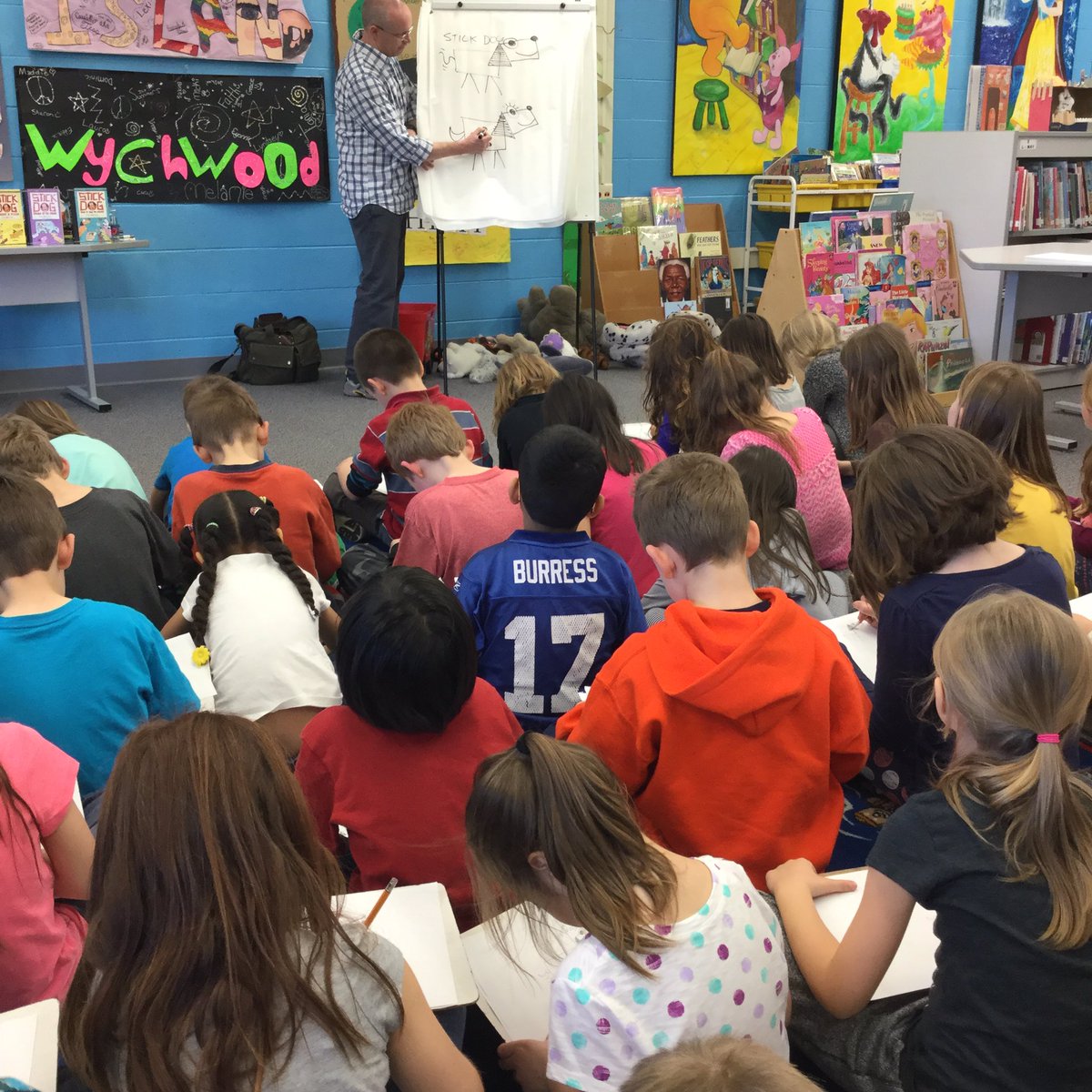 MrsZhp's tweet photo. The author of the Stick Dog series was here to visit our class! We drew characters from his books. 😄 #dg58learns https://t.co/tRlkvQqE7C