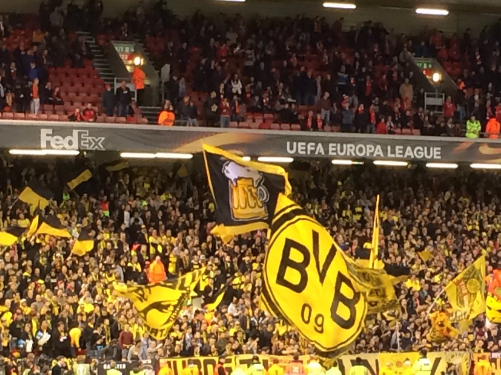 SamWallaceTel's tweet photo. The biggest banner in the Borussia Dortmund end tonight: no Uefa politics this time, just a big flagon of beer https://t.co/UpVaR6BF8l