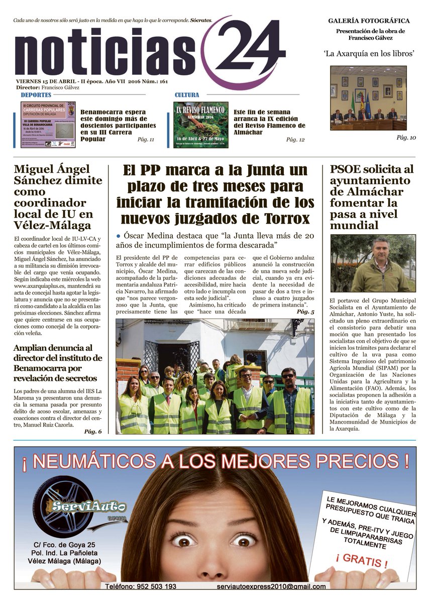 NoticiasDMalaga's tweet photo. Portada de nuestro numero 161 que se distribuye gratuitamente este viernes, 15 de abril, en la Axarquía https://t.co/mcfQByI64Q