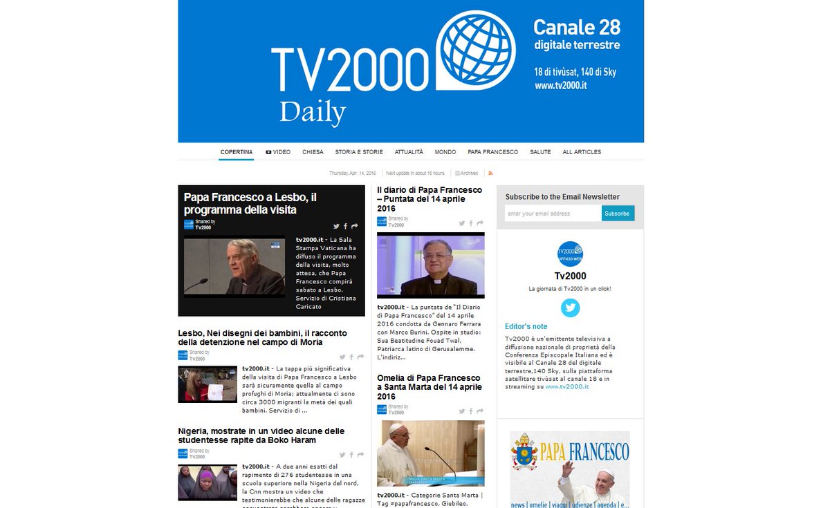 TV2000it's tweet photo. Tv2000 Daily is out!
La giornata di #Tv2000 in un click: https://t.co/Sg2ei8y6Lt https://t.co/al2t9bEUaU