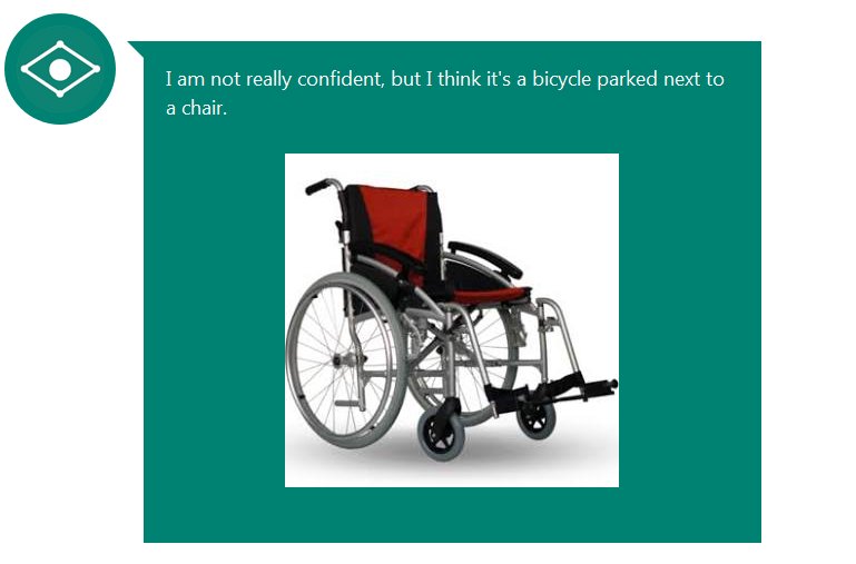 Picture of a wheelchair, with a label "I'm not certain, I think it's a bicycle in front of a chair)
