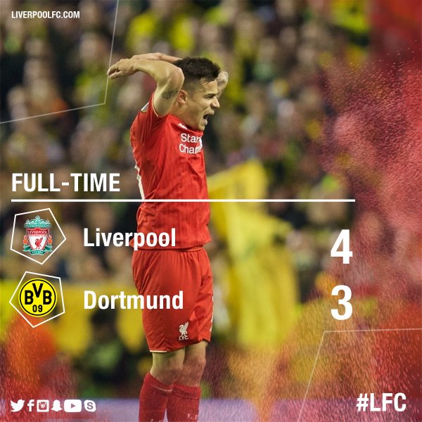 LFCIndonesia's tweet photo. FT: Liverpool 4-3 Borussia Dortmund! DRAMATIS! The Reds lolos ke semi-final Liga Europa! #LFC #LFCIndonesia https://t.co/ZIo6BJXulA