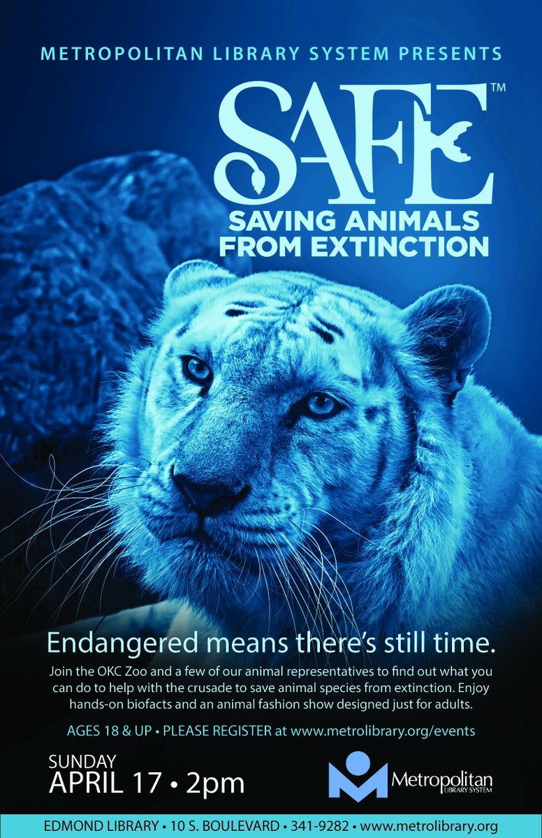 MetroLibraryOK's tweet photo. See what you can do to help endangered animals. Visit the Edmond Library w/@OKCZoo on April 17 and learn more. https://t.co/tNWuNP2zx2