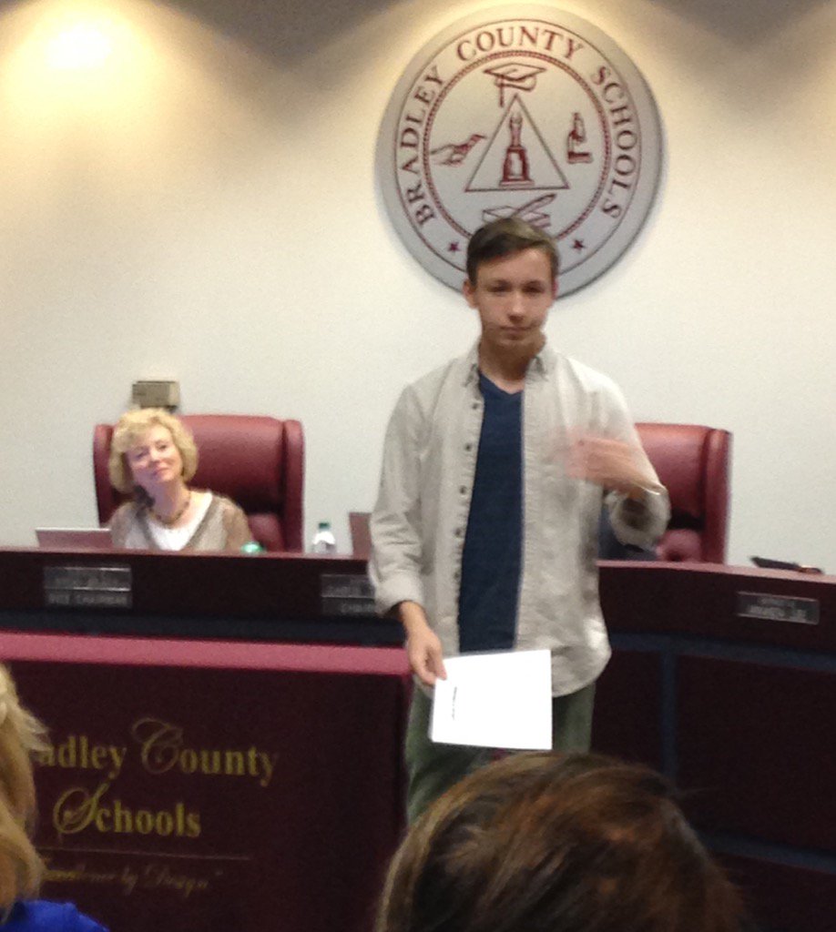 AkionaNat's tweet photo. Gable Willis sharing at Bradley Co. Board of Ed. about his role in SCOPE board in March. Great job! #dubvision2015 https://t.co/AeEeUz90Mu