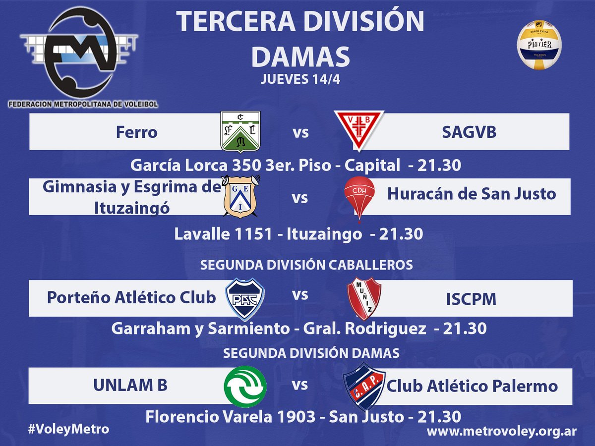 SEGUNDA DIVISIÓN CABALLEROS - SEGUNDA DIVISIÓN DAMAS - TERCERA DIVISIÓN DAMAS

Hoy se juega la 4ta fecha!